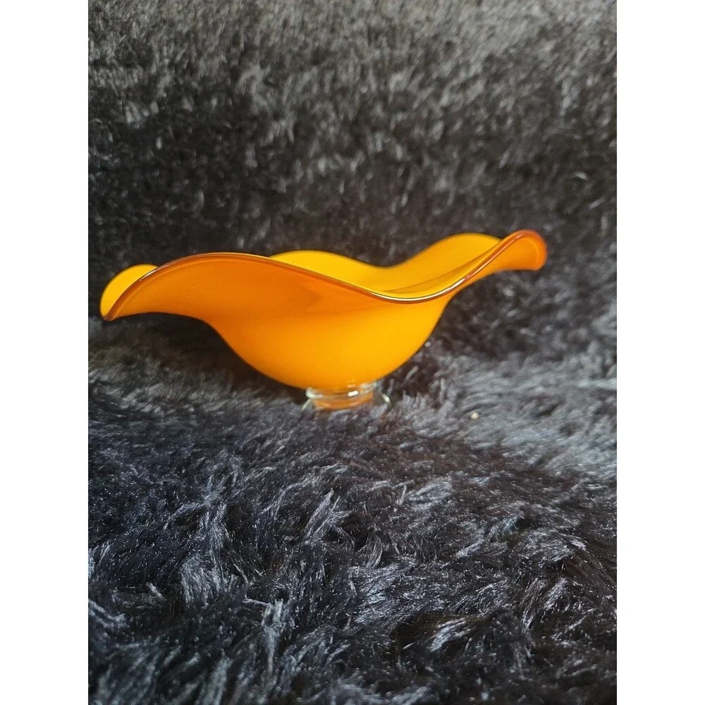 Vtg Teleflora Gift Vibrant Orange Glass Bowl with Ruffled Rim on Clear Pedestal - Picture 5 of 9